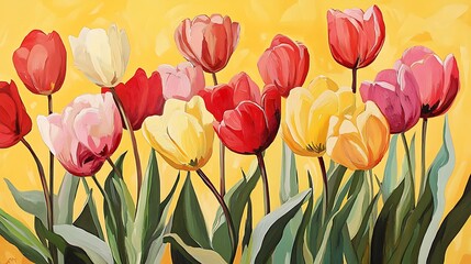 Obraz premium Vibrant tulips in shades of red, pink, yellow, and white against a sunny yellow background. A cheerful and colorful floral painting.