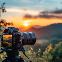 A camera captures a stunning sunset over rolling hills, showcasing vibrant colors.