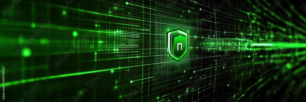 Aufkleber A digital representation of cybersecurity with a shield icon and green data streams.