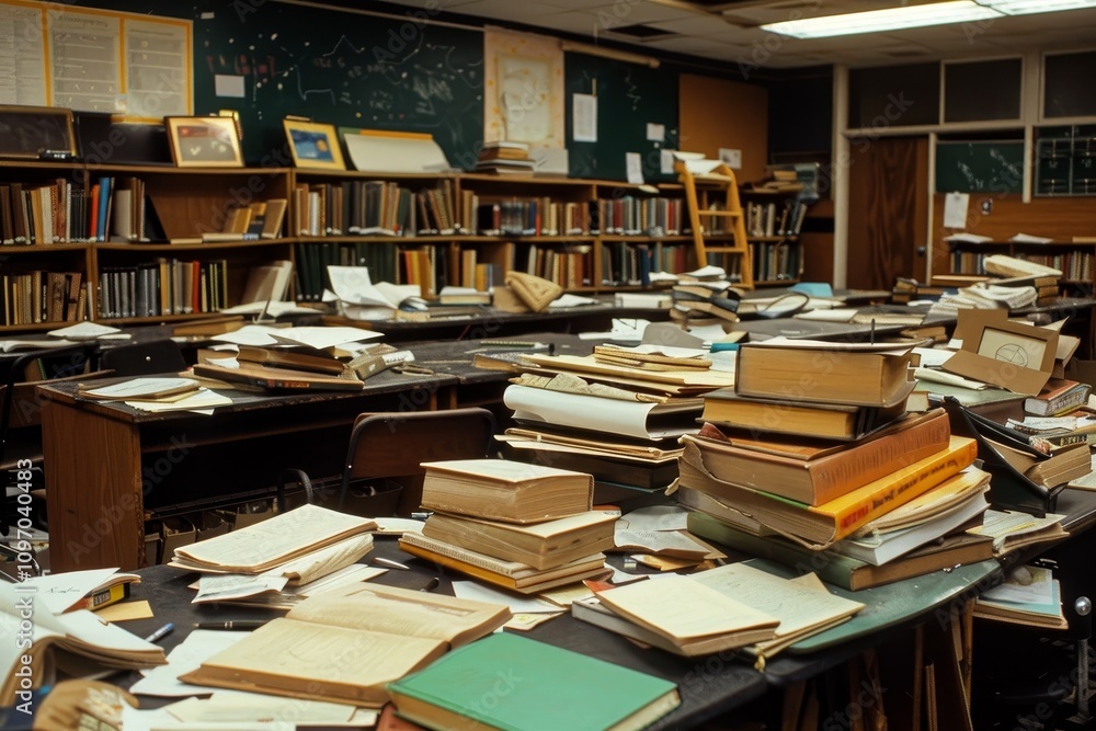 Poster a desk in a classroom is covered in books and papers a cluttered classroom with papers and books sca