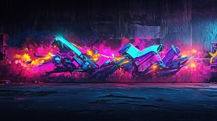 Vibrant graffiti mural with neon colors and abstract shapes on a dark wall.