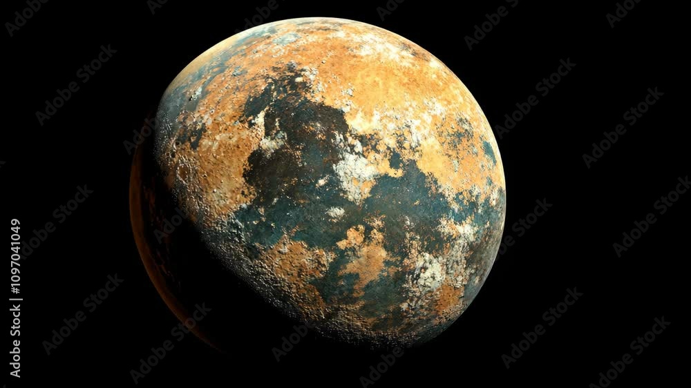Poster exploring the surface features and texture of a distant celestial body in the dark expanse of space