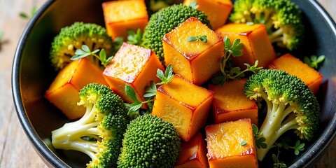 Roasted butternut squash and broccoli in black bowl