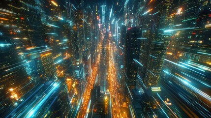 Fototapeta premium A vibrant cityscape with dynamic light trails, evoking a sense of speed.