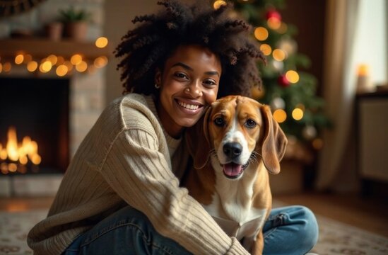 Happy African American young woman with beagle dog at home on Christmas Eve in decorated living room
