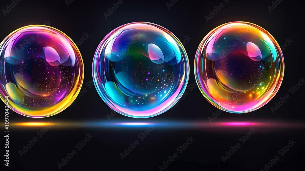 Poster colorful soap bubbles floating gracefully in a dark background with a shimmering effect