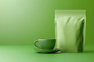 Green tea packaging pouches displayed mockup on a green surface surrounded by tropical leaves and soft natural lighting.