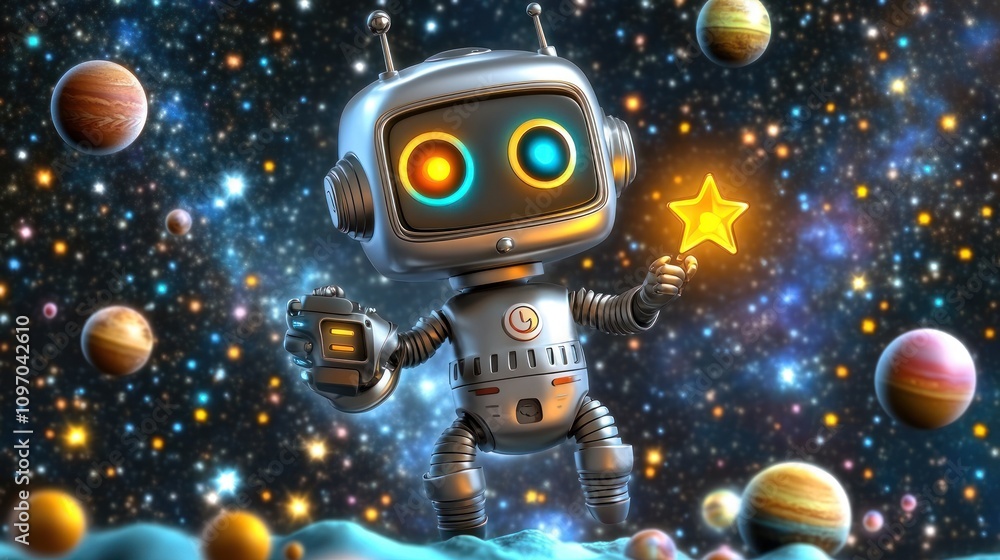 Poster a cheerful robot holding a star wand in a cosmic setting with planets.