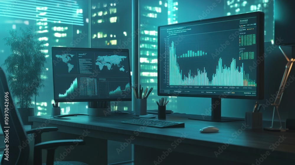 Poster A modern workspace featuring dual monitors displaying data analytics and charts.