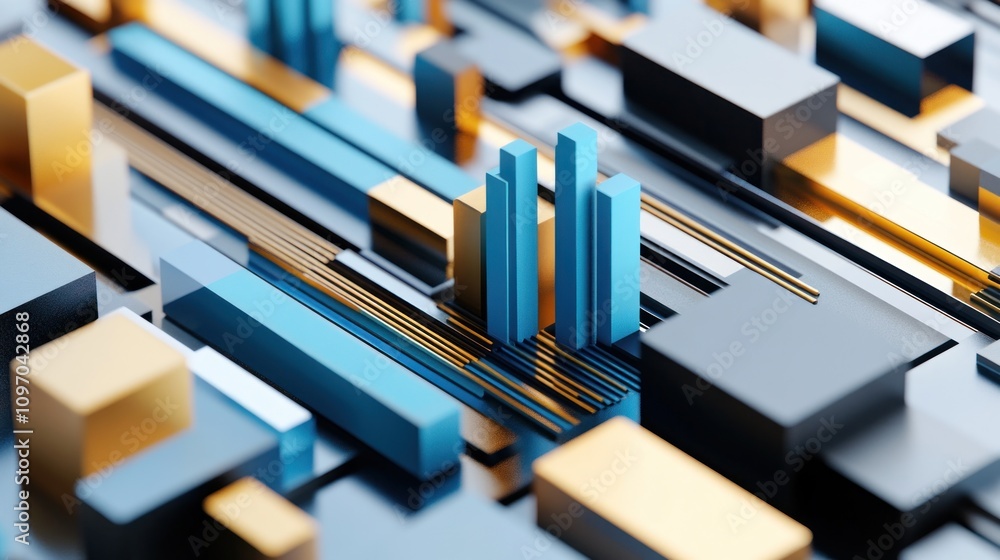 Aufkleber Abstract geometric structures in blue and gold, representing modern architecture and design.