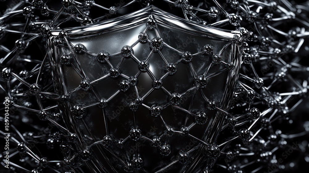 Aufkleber a stylized black shield surrounded by a network of interconnected spheres.