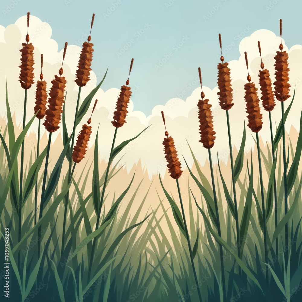 Poster fluffy cattails sway gently in breeze. brown fluffy plants grow in field. nature scene features blue