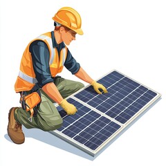 Worker Installing Solar Panels on Roof for Renewable Energy