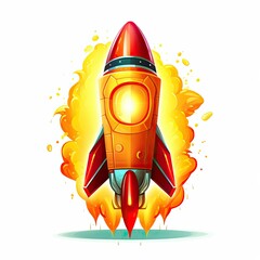 Colorful Cartoon Rocket Blasting Off Against Bright Background