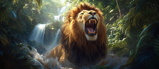 A powerful lion roaring fiercely in a dense jungle, surrounded by lush greenery and cascading...