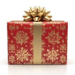 Festive Red Gift Box with Gold Snowflake Design and Bow