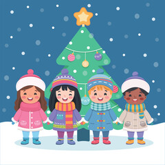Fototapeta premium Merry Christmas concept. Cute and friendly multinational children holding hands and Christmas tree under snow. Poster, Banner, Flyer, Greeting Card. Vector illustration in flat cartoon style