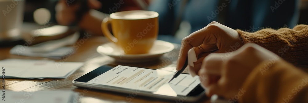 Poster a person interacting with a tablet while enjoying a coffee in a cozy setting.