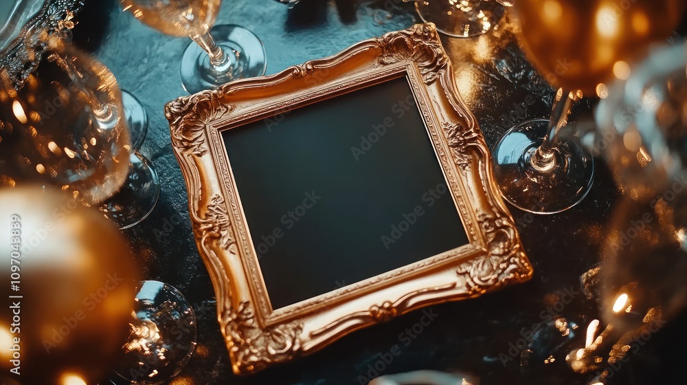 Poster an ornate empty picture frame surrounded by elegant glassware and decorative elements.