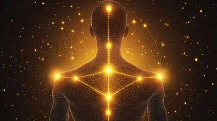 Cosmic energy visualization depicting a human figure with glowing points of light in a dark space