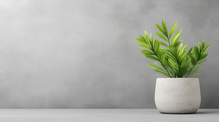 Fototapeta premium Houseplant in Flowerpot on Table Against Bright Grey Wall - Minimalist Mockup