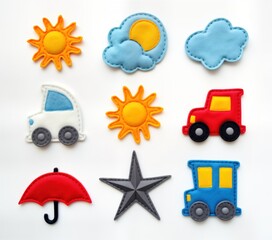 Felt weather icons set. Childish felt sun cloud car rain symbols. Kids handmade craft items. Bright colors. Early childhood education. Cute felt applique.