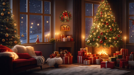 christmas tree in front of a fireplace