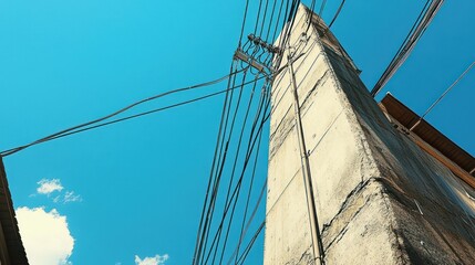 Fototapeta premium A low-angle view of a concrete utility pole with power lines against a blue sky.