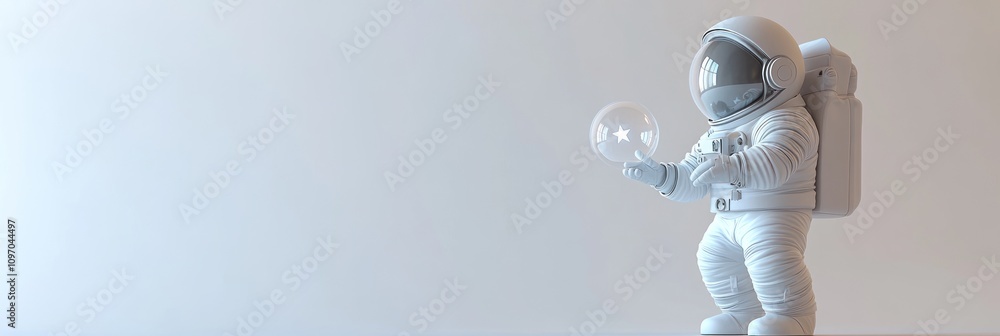 Poster An astronaut holds a floating bubble with stars in a minimalist setting.