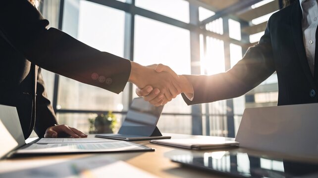 Hiring New Employee. Partnership. senior business people shaking hand after business job interview at office building, negotiation, investor, success, partnership, teamwork
