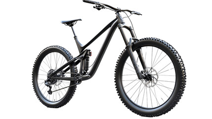 Fototapeta premium Black mountain bike with full suspension, disc brakes, and wide tires isolated on transparent or white background. Generative ai