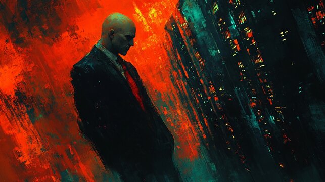 a bald hitman with a black suit with a red tie walking in a server room with eletric effects in painting style