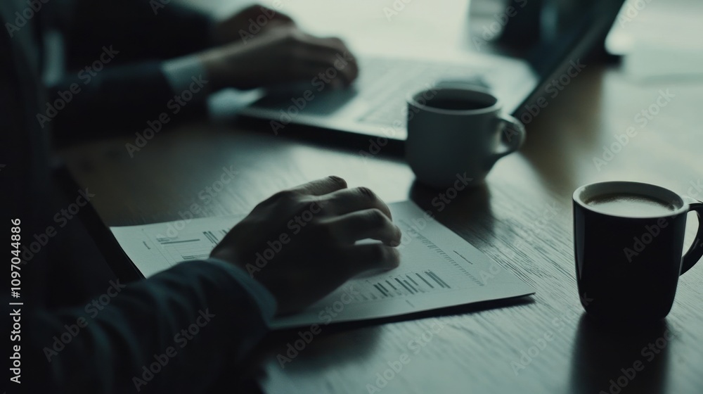 Poster a business setting with a person working on a laptop and reviewing documents with coffee.
