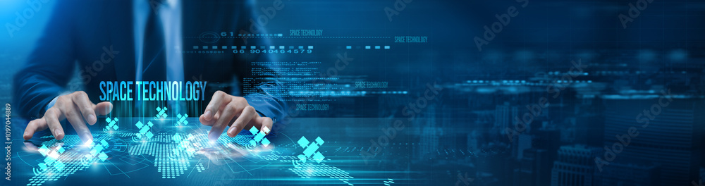 Poster a professional setting with a close-up of a person's hands interacting with a space technology inter