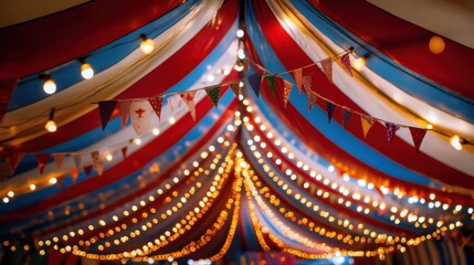 Colorful decorations and string lights create a festive atmosphere in a celebration tent of circus
