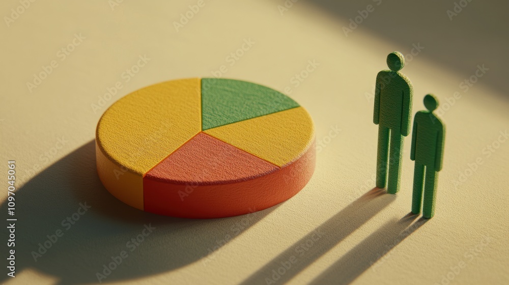 Poster A pie chart with segments and two green figures standing beside it.