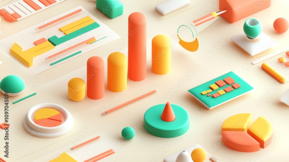 Poster A colorful arrangement of geometric shapes and charts representing data visualization.