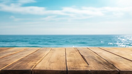 Fototapeta premium Wooden Tabletop Overlooking a Calm Ocean Scene