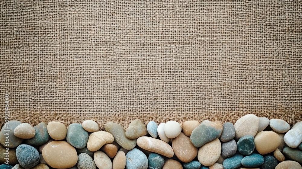 Poster a textured background featuring pebbles along a burlap surface, ideal for design or decoration.