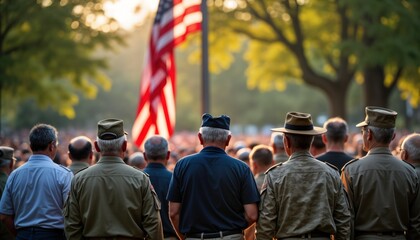 Diverse veterans stand solemnly near flagpole. American flag waves high in morning light. Memorial Day tribute. Armed forces service. Patriotism respect. Honoring sacrifice. Remembrance. Military