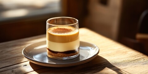 Fototapeta premium Layered Coffee Dessert In Glass On Wooden Table