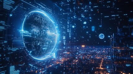 Fototapeta premium Futuristic representation of a Type I civilization on the Kardashev Scale using AIpowered cybersecurity systems and blockchain for secure energy distribution and management