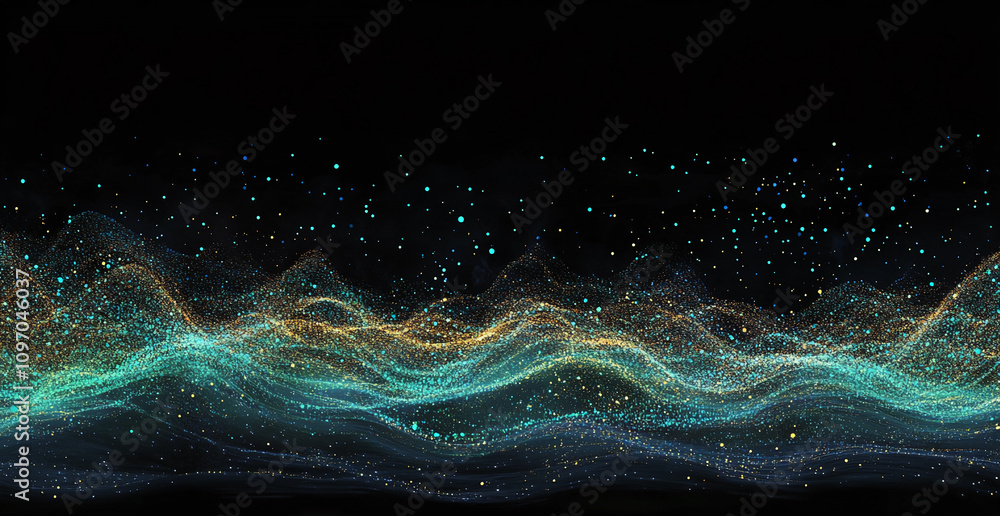 Aufkleber visual representation of flowing light particles in green and gold against a dark background