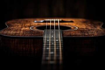 Fototapeta premium focused individual skillfully strumming a guitar, immersed in the music, surrounded by soft, ambient lighting that enhances the intimate atmosphere of the performance