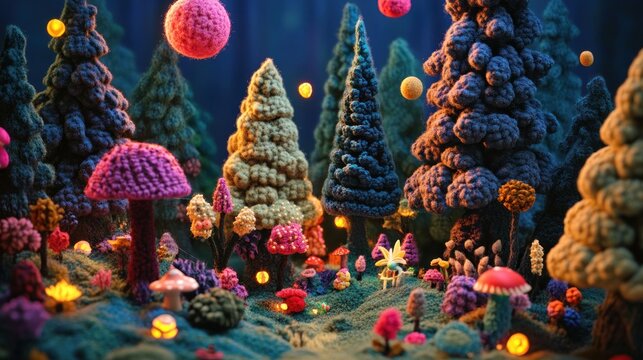 A whimsical forest scene made of yarn featuring colorful trees and mushrooms.
