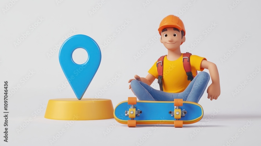 Aufkleber a cheerful character with a skateboard and a location pin, symbolizing exploration and fun.