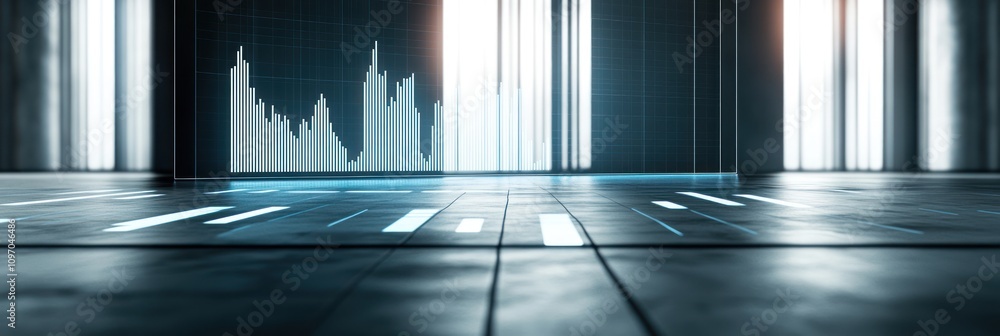 Poster a futuristic digital space with a financial graph overlay on a sleek floor.