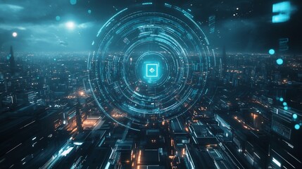 Obraz premium Futuristic representation of a Type I civilization on the Kardashev Scale using AIpowered cybersecurity systems and blockchain for secure energy distribution and management