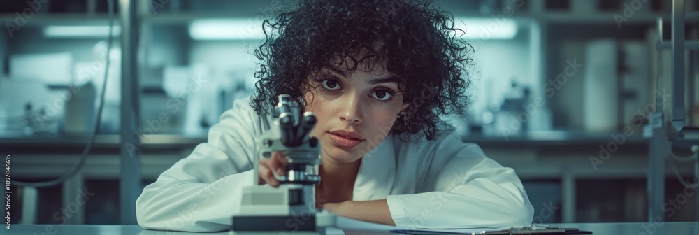 Fototapete a focused scientist examines samples with a microscope in a laboratory setting.