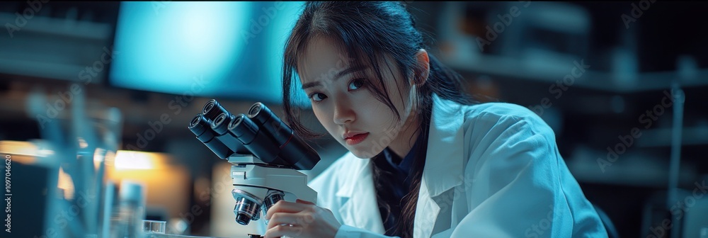 Poster a focused scientist examines samples through a microscope in a laboratory setting.